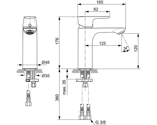 Schéma technique d''un robinet de lavabo avec dimensions