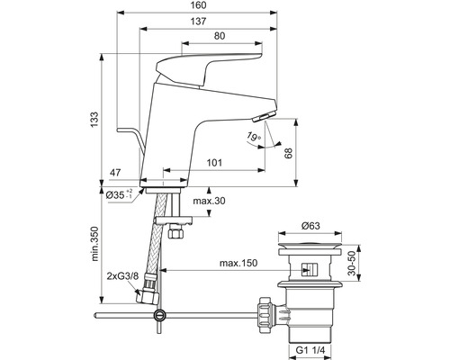 Schéma technique d''un robinet de lavabo avec garniture de vidange et indications de mesure.
