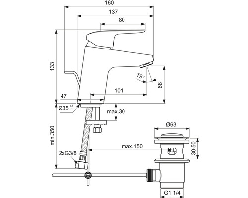 Schéma coté Robinet de lavabo avec garniture de vidage