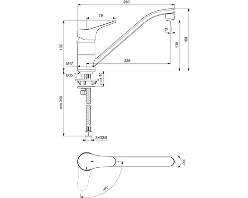 Schéma technique d''un robinet de cuisine avec dimensions