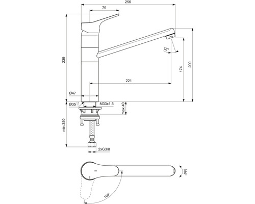 Schéma technique d''un robinet de cuisine avec dimensions