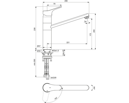 Schéma technique d''un robinet de cuisine avec dimensions