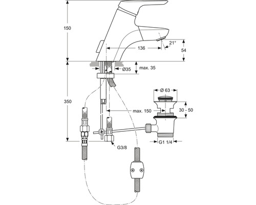 Schéma technique d''un robinet avec indications de dimensions