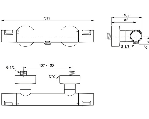 Technische Zeichnung einer Duscharmatur mit Massangaben