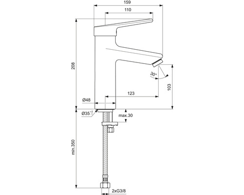 Schéma technique d''un robinet de lavabo avec dimensions