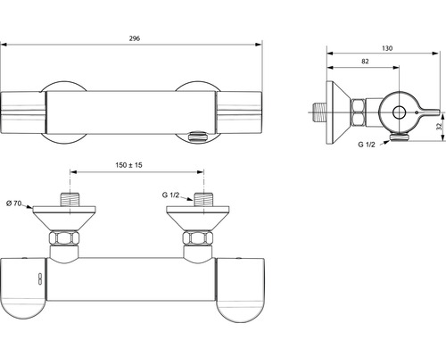 Schéma technique d''un mitigeur de douche avec indications de dimensions.