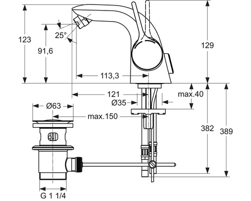 Technische Zeichnung einer Waschtischarmatur mit Maßen