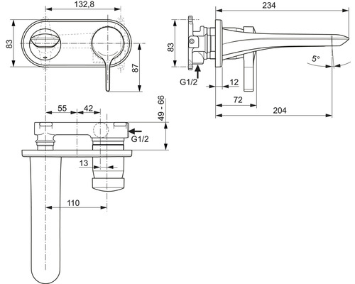 Dessin technique d''un robinet de salle de bains avec dimensions