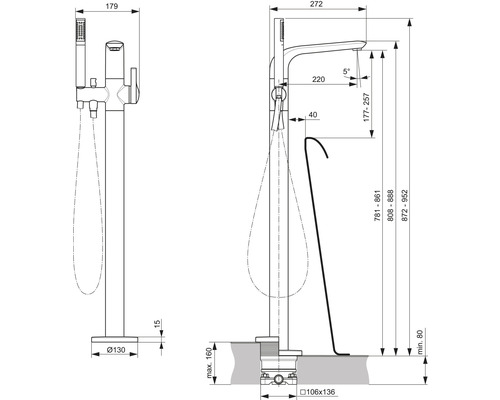 Schéma technique d''un robinet de baignoire autoportant avec dimensions