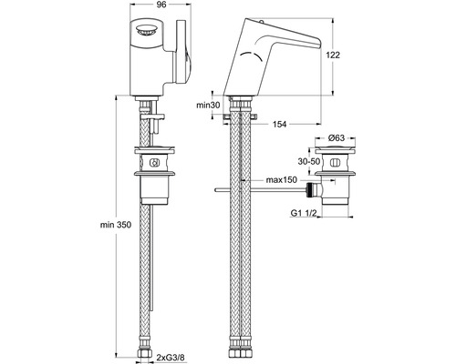 Dessin technique d''un robinet de lavabo avec indications de dimensions