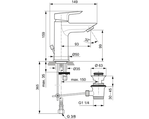 Schéma technique d''un mitigeur de lavabo avec dimensions