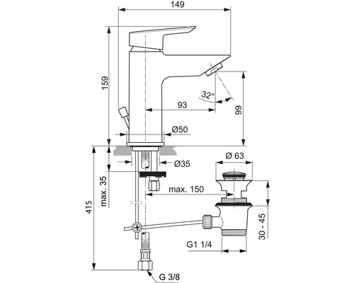 Dessin technique d''un robinet de lavabo avec dimensions