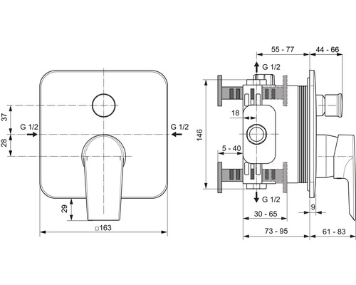 Schéma coté du mitigeur thermostatique encastré avec indications de taille