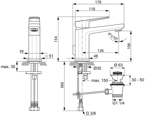 Schéma technique d''un robinet de lavabo avec dimensions