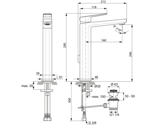 Dessin technique d''un robinet de lavabo avec indications de mesure