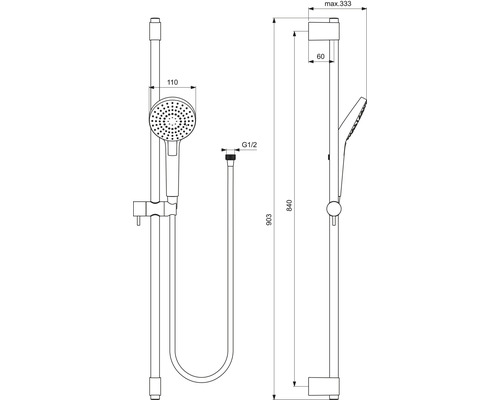 Dessin technique d''un set de douche avec douchette à main et barre de douche avec indication des dimensions