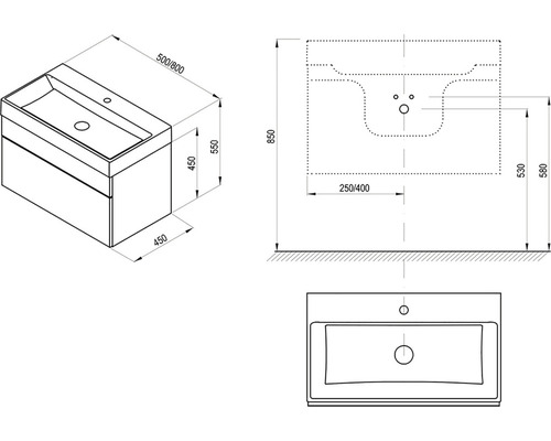Technische Zeichnung eines Waschtischunterschranks mit Maßangaben