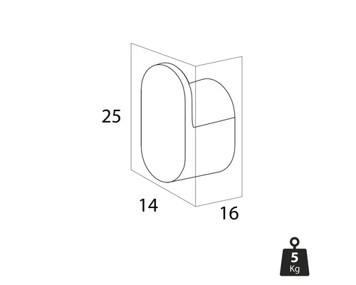Darstellung eines Möbelknopfs mit Maßangaben und Gewichtsangabe von 5 Kilogramm