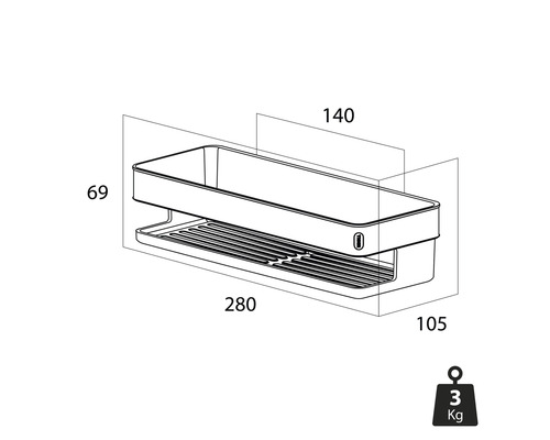 Technische Zeichnung eines Wandregals mit den Maßen 280 x 69 x 140 mm und einem Gewicht von 3 kg.