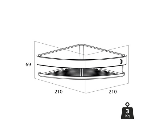 Eckregal mit den Maßen 210 x 210 x 69 Millimeter und einem Gewicht von 3 Kilogramm.