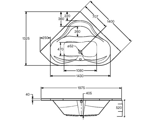 Schéma technique d''une baignoire d''angle avec dimensions