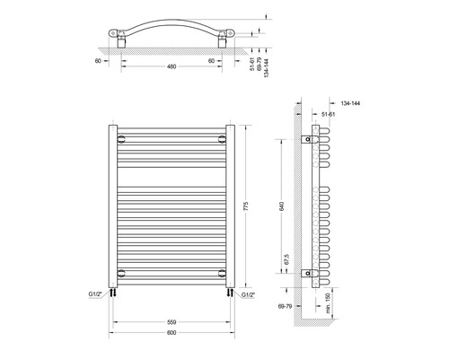 Schéma technique d''un radiateur avec indications de dimensions.