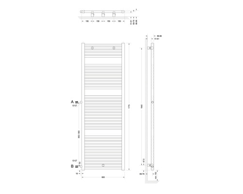 Schéma technique d''un radiateur de salle de bains avec indications de dimensions