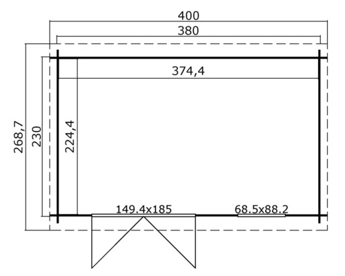 Grundrisszeichnung eines Gartenhauses mit Maßangaben