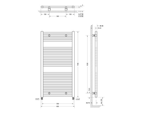 Schéma technique d''un radiateur avec dimensions