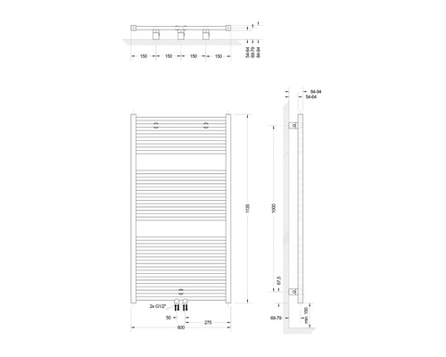 Schéma technique d''un sèche-serviettes avec dimensions.