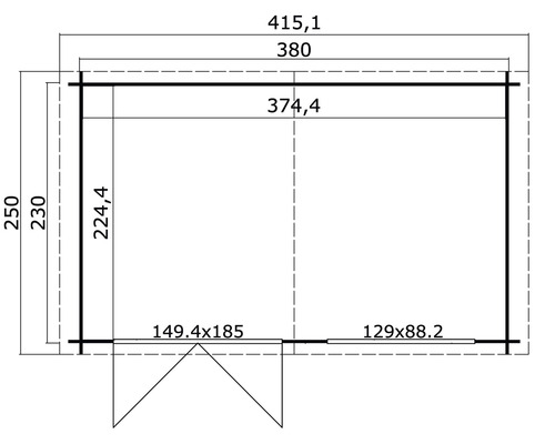 Grundrisszeichnung eines Gartenhauses mit Massangaben