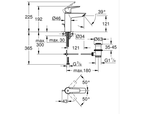 Schéma technique d''un robinet avec indications de mesure