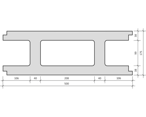 Technische Zeichnung eines Betonfertigteils mit Maßangaben