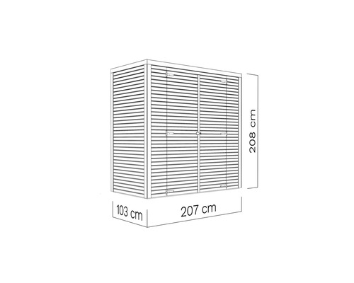 Armoire de jardin avec des dimensions de 208 cm de hauteur, 207 cm de largeur et 103 cm de profondeur.
