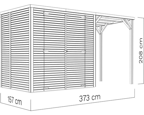 Armoire de jardin avec annexe, dimensions 157 x 373 x 208 centimètres