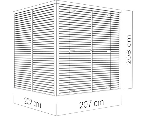 Abbildung eines Gerätehauses mit den Maßen 202 cm mal 207 cm mal 208 cm.