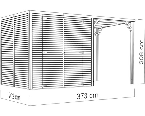 Abri de jardin en bois avec extension et les dimensions 202 x 373 x 208 cm