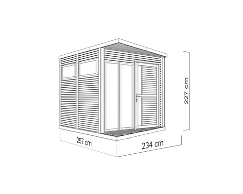 Vue de dessus abri de jardin avec les dimensions 297 cm, 234 cm et 227 cm