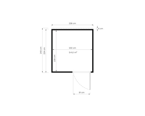 Plan d''un abri de jardin avec porte et dimensions en centimètres