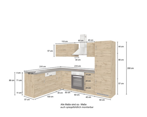 Küchenzeile mit Spüle, Geschirrspüler, Herd und Dunstabzugshaube mit Maßangaben