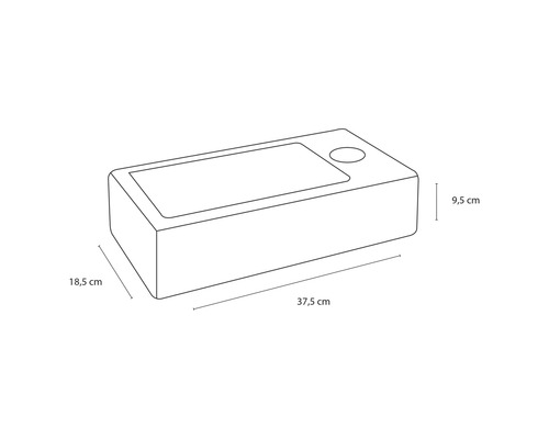 Zeichnung eines Waschtischunterschranks mit den Maßen 37,5 cm Länge, 18,5 cm Breite und 9,5 cm Höhe.