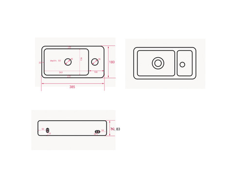 Zeichnung einer Spüle mit Becken und Abtropffläche mit Maßangaben
