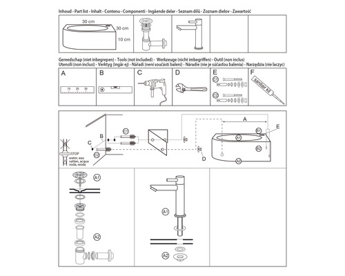 Installationsanleitung für Badprodukte mit Werkzeugen und Produktabmessungen