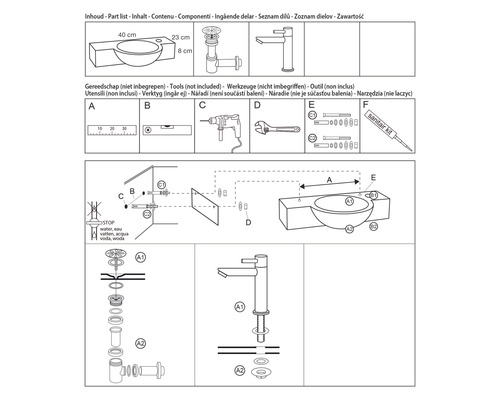 Installationsanleitung für Waschtisch mit Werkzeugübersicht