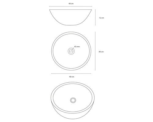 Zeichnung eines runden Aufsatzwaschbeckens mit den Maßen 40 cm Durchmesser und 12 cm Höhe