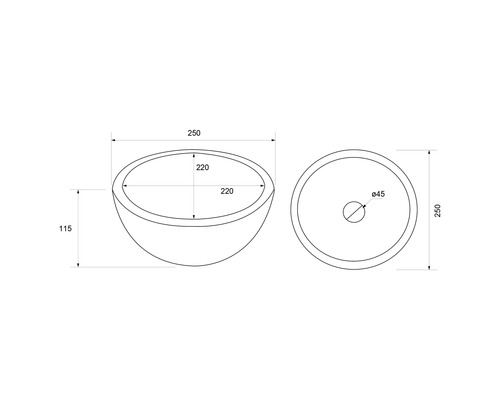 Technische Zeichnung eines Aufsatzwaschbeckens mit Maßangaben
