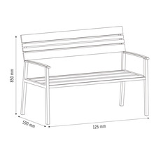 Abbildung einer Gartenbank mit den Maßen 850 mm Höhe, 590 mm Tiefe und 126 mm Breite.