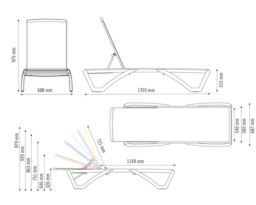 Technische Zeichnung einer Gartenliege mit Maßangaben