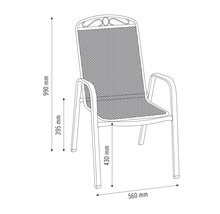 Technische Zeichnung eines Gartenstuhls mit den Maßen 990 mm Höhe, 560 mm Breite, Sitzhöhe 430 mm und Armlehnhöhe 395 mm.