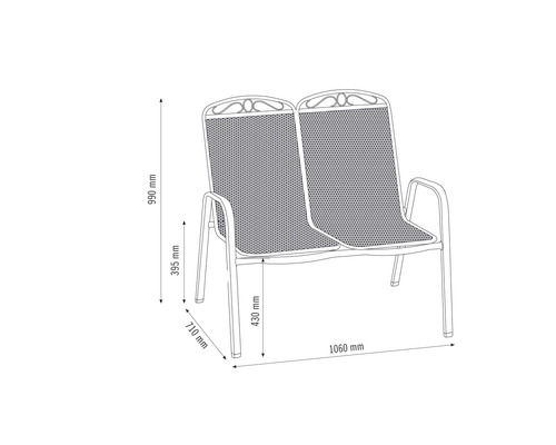 Zeichnung einer Gartenbank für zwei Personen mit Maßangaben